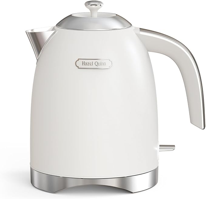 Hazel Quinn Electric Kettle - 1.7 Liters (57oz) Stainless Steel Water Kettle, BPA-Free Interior, 1200W Fast Boiling, Cordless, Rotational Base, Automatic Shut Off & One-Touch LED - Pearl White