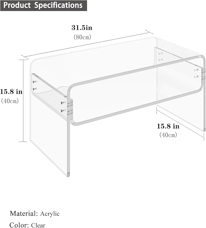 2-Tier Acrylic Coffee Table, Side End Table with Storage Shelf, Modern Center Table for Living Room, Office, Bedroom, Home Small Space, Easy Assembly (Clear)
