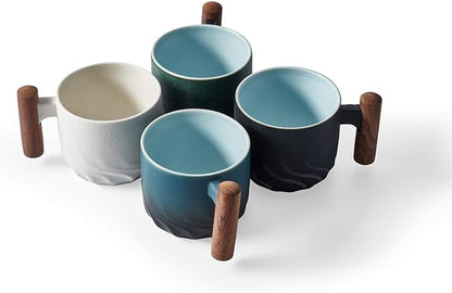 Ceramic Espresso Cup with Wooden Handle, 3oz, Microwave Safe, Porcelain, 2.08x1.85in, Hand Wash Only, Black&White