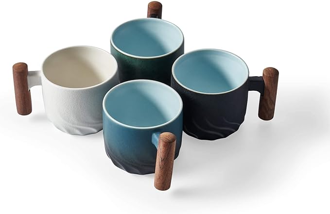 Ceramic Espresso Cups with Wooden Handle Espresso Shot Cups Ceramic Tea Cups Porcelain Demitasse Cups for Coffee or Tea, 3oz (blue, 2)