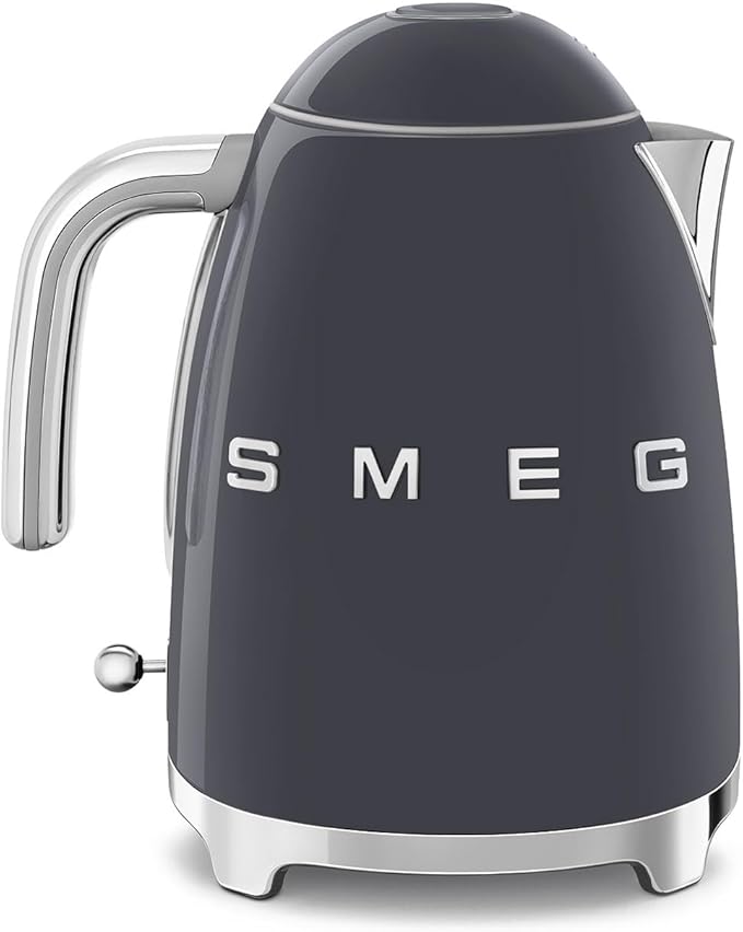 SMEG KLF03 7 Cup Electric Water Kettle, Retro-Style, Soft-Opening Lid, Auto Shut-Off, 360° Swivel Base – Grey