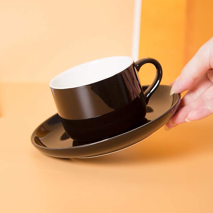 7 oz Coffee Cups with Saucers Spoons - Set of 6 Cappuccino Cups, Black Porcelain Cups Serving for Tea Espresso Latte Mocha