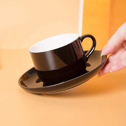 7 oz Coffee Cups with Saucers Spoons - Set of 6 Cappuccino Cups, Black Porcelain Cups Serving for Tea Espresso Latte Mocha