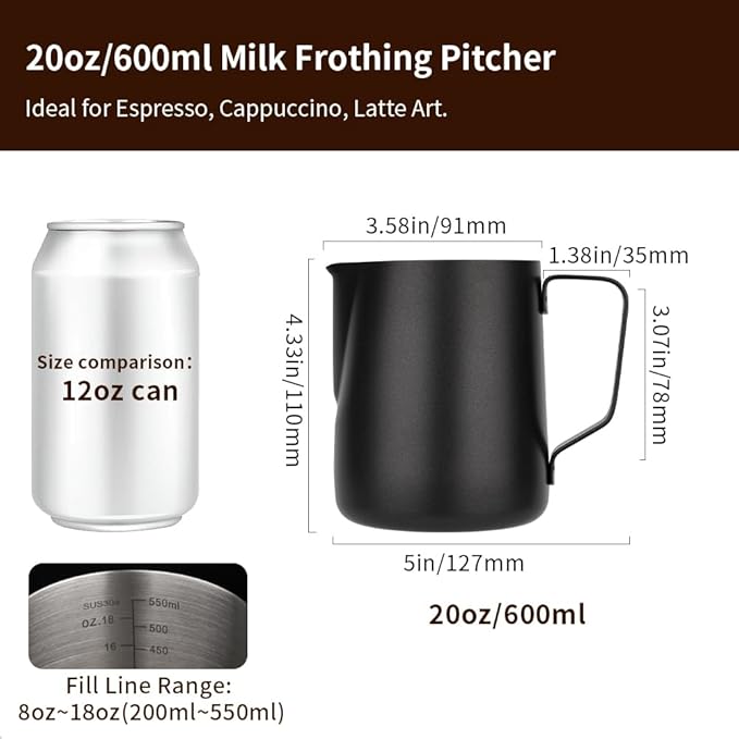 watchget Stainless Steel Milk Frothing Pitcher 20oz/600ml - Espresso Steaming Pitcher for Cappuccino, Latte Art, Coffee Machine Accessories Milk Jug Coffee Frother Cup, Black