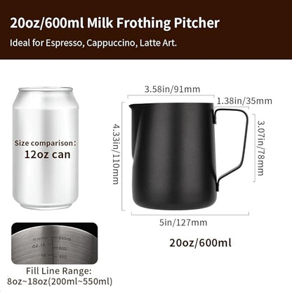 watchget Stainless Steel Milk Frothing Pitcher 20oz/600ml - Espresso Steaming Pitcher for Cappuccino, Latte Art, Coffee Machine Accessories Milk Jug Coffee Frother Cup, Black
