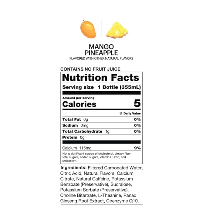 UPTIME Energy Drink, Mango Pineapple, 12 Pack, Vitamin C, L Theanine, Calcium, Sugar Free Energy Drinks for Focus Support, 142mg of Natural Caffeine, 5 Calories, Clean, Natural, Non GMO, 12 fl oz Cans