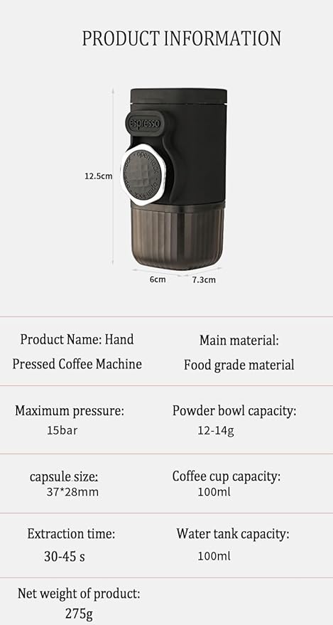 Portable Hand press Coffee Maker with with Capsule Compartment and Coffee Powder Bowl & Travel Mug - Compact Espresso Machine for Home, Travel, Manual Coffee Brewing