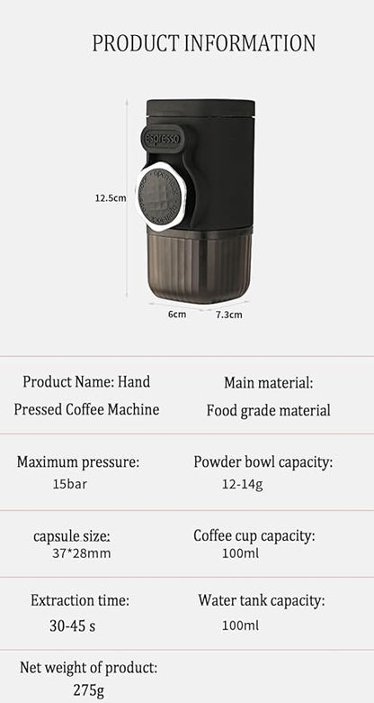 Portable Hand press Coffee Maker with with Capsule Compartment and Coffee Powder Bowl & Travel Mug - Compact Espresso Machine for Home, Travel, Manual Coffee Brewing