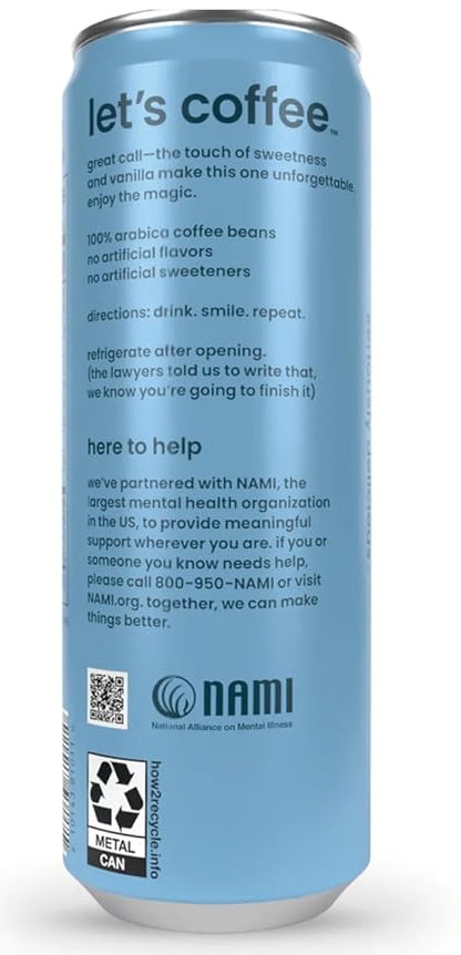 happy coffee tahitian vanilla cold brew, 11 oz. cans, 12 pack, notes of marshmallow & magic, 100% arabica beans, no artificial flavors or artificial sweeteners