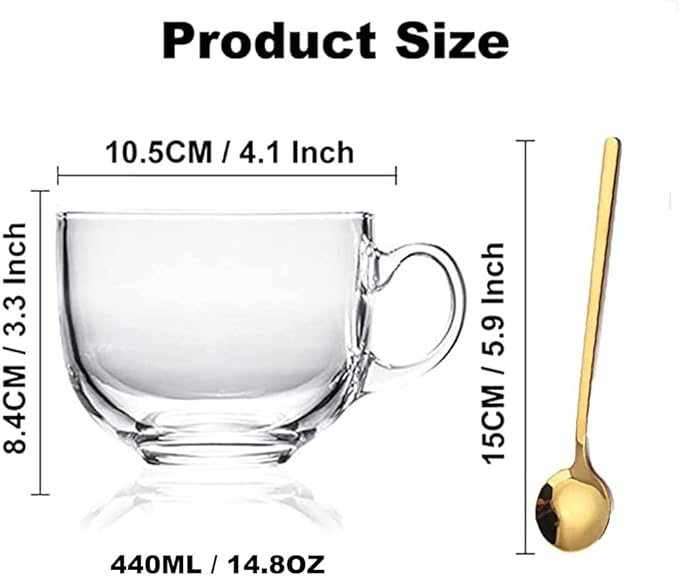 Large Clear Glass Coffee Mugs Set of 2,14.8 oz(440ml)-Wide Mouth Tea Cups with Handle and Spoon Transparent Drinking for Cappuccino Cups, Latte, Milk color 4 Piece