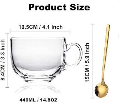 Large Clear Glass Coffee Mugs Set of 2,14.8 oz(440ml)-Wide Mouth Tea Cups with Handle and Spoon Transparent Drinking for Cappuccino Cups, Latte, Milk color 4 Piece