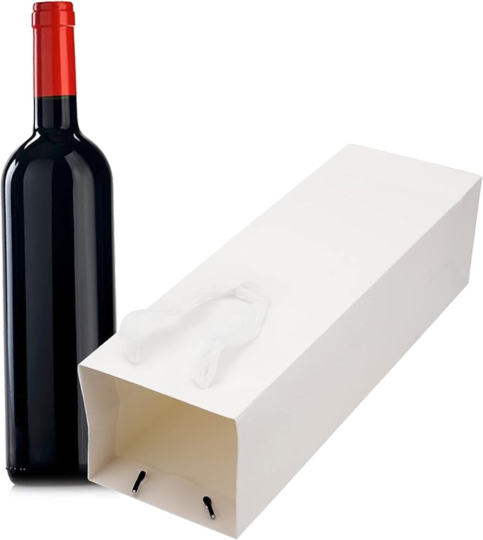 SEUNMUK 30 Pack 13.8 x 4.3 x 3.5 Inch White Wine Bottle Bags, 250 gsm Thick Strong Paper Wine Gift Bag with handles, Elegant Paper Bags for Party Shopping Retail Wedding