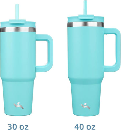 40 oz Tumbler with Handle and 2 Straws,2 in 1 Lid Insulated Water Bottle Stainless Steel Travel Coffee Mug,Turquoise