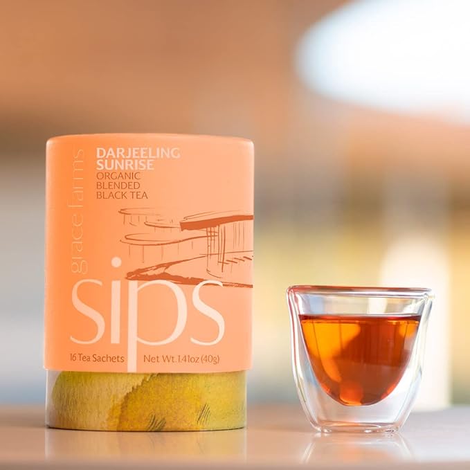 Grace Farms Organic Darjeeling Sunrise Black Tea, 16 Pyramid Sachets | Darjeeling & Orange | Fairtrade & Kosher |Gives Back 100% of Profits