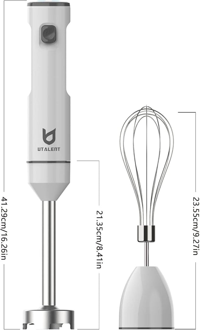 Cordless Hand Blender, UTALENT Variable Speed Immersion Blender handheld Rechargeable, with USB-C Charging Cable, Egg Whisk, for Smoothies, Milkshakes, Hummus and Soups – White
