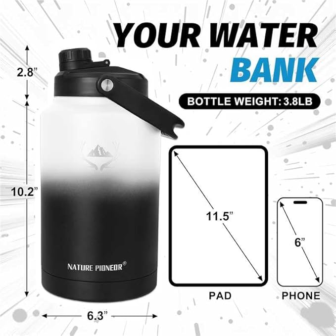 NATURE PIONEOR One Gallon Water Bottle Insulated - Large Double Vacuum Stainless Steel 128 oz Water Bottle with Holder/Carrier, 1 Gallon Water Jug,128oz, Wide Mouth
