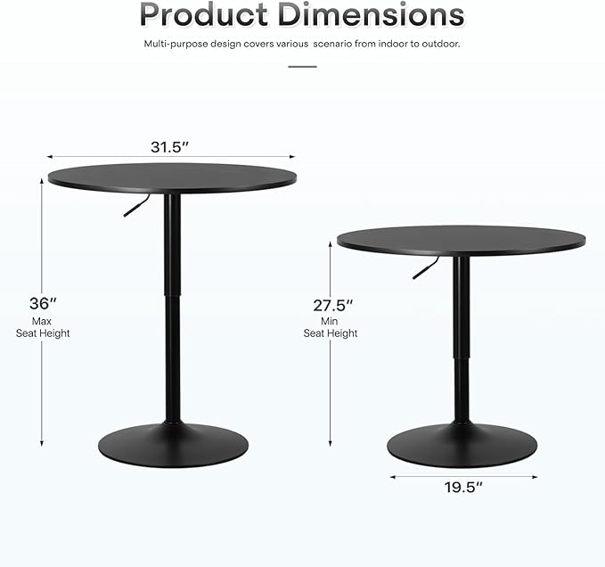 Athena Collection Bar Table Modern Round Cocktail Table Height Adjustable, Tall Bistro Pub Table with Sturdy Base, Suitable for Home, Kitchen, Pub, Restaurant, Black