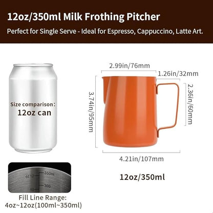 watchget Stainless Steel Milk Frothing Pitcher 12oz/350ml - Espresso Steaming Pitcher for Cappuccino, Latte Art, Coffee Machine Accessories Milk Jug Coffee Frother Cup, Orange