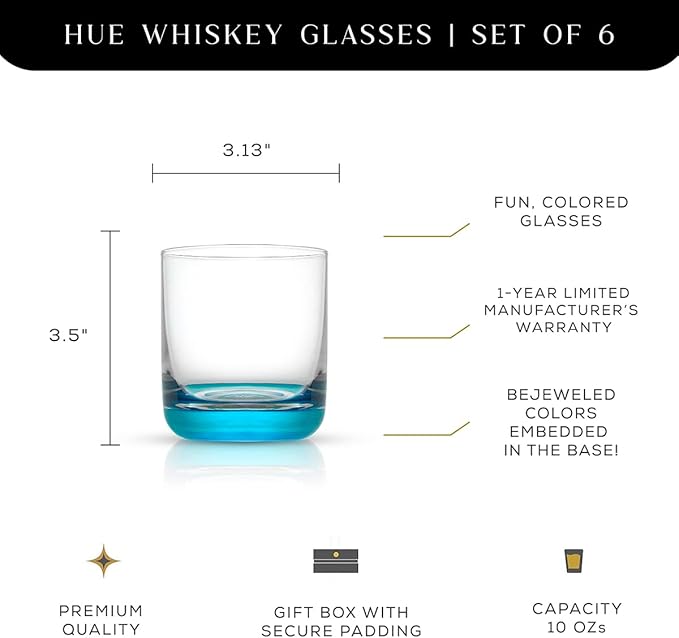 JoyJolt Hue Colorful Whiskey Set of 6, 10oz Drink Glasses, Double Old Fashioned Glass, Modern Whiskey Glass Set for Bar, Low Ball Cocktail Tumbler Glasses