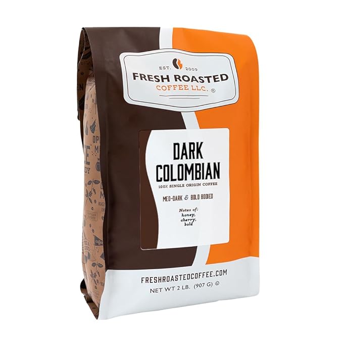Fresh Roasted Coffee,100% Dark Colombian, 2 lb (32 oz), Med-Dark Roast, Kosher, Ground