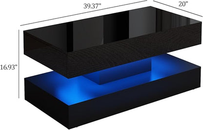 Uspeedy 39.37in Large High Glossy LED Coffee Table with 2 Storage Drawers,Black/White Modern Coffee Tables for Living Room,Living Room Tables,APP LED Lights (Black)