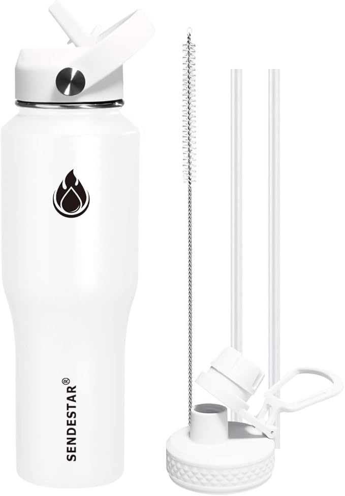 SENDESTAR 32oz Water Bottle Wide Mouth Stainless Steel Vacuum Insulated Double Wall with 2 Straw Lids Fit in Any Car Cup Holder