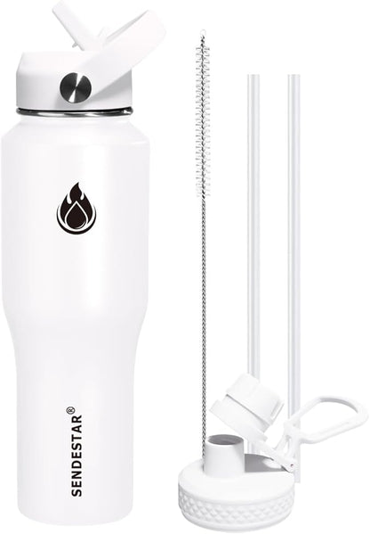 SENDESTAR 32oz Water Bottle Wide Mouth Stainless Steel Vacuum Insulated Double Wall with 2 Straw Lids Fit in Any Car Cup Holder