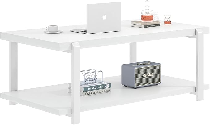 FOLUBAN White Coffee Table, Modern Rustic Wood and Metal Center Table with Storage Shelf, Rectangle Cocktail Tea Table for Living Room, 42 Inch