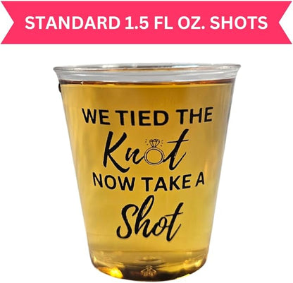 Disposable Plastic Wedding Shot Glasses, 200 Pack, 'We Tied the Knot Now Take a Shot' with Ring Design, Perfect for Weddings, Bridal Showers, Engagement Parties