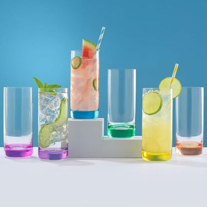 JoyJolt Hue Highball Glasses Set of 6 Tall Drinking Glasses, 13oz Bourbon Whiskey Glass Cups Set, Mojito Glass Tumbler also for Tom Collins Cocktail or Water, Colored Glassware Sets