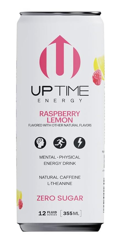 UPTIME Energy Drink, Raspberry Lemon Sparkling, 12 Pack, Vitamin C, L Theanine, Calcium, Sugar Free Energy Drinks for Focus Support, 142mg of Natural Caffeine, 5 Calories, Natural, 12 fl oz Cans
