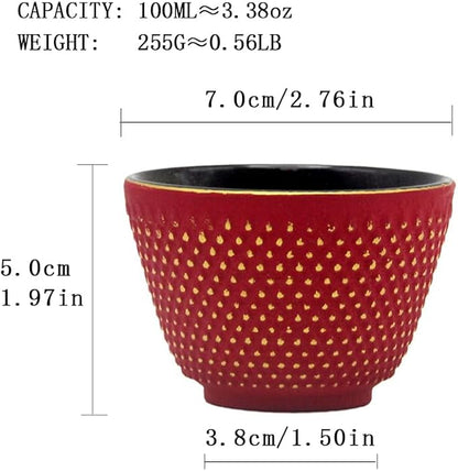 Japanese Cast Iron Tea Cups, Small and Heavy Teacups with no Handles, Japanese Style Cups for Adults, Asian Teacup, Coated with Enameled Interior, 4 Pcs/Box (Red, 3.38oz/100ml)