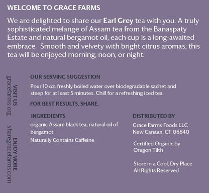 Grace Farms Organic Earl Grey Black Tea, 16 Pyramid Sachets | Bergamot Oil | Fairtrade & Kosher |Gives Back 100% of Profits