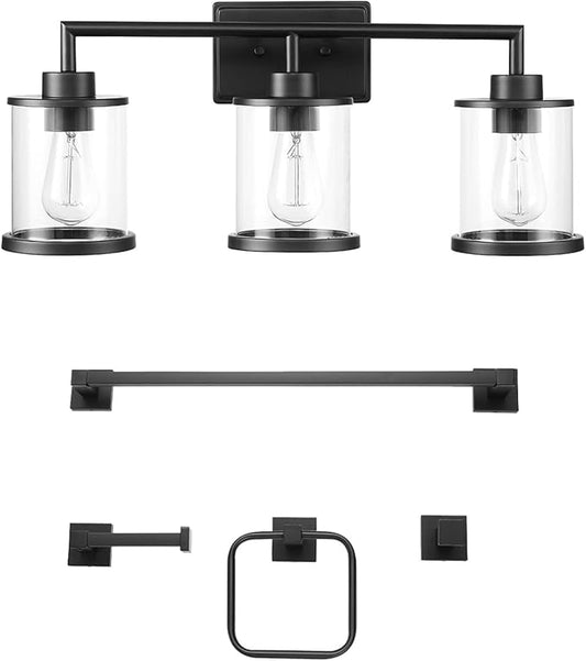 GLOBE Electric 52059 Harlow 5-Piece All-in-One Bathroom Set, Matte Black, 3-Light Vanity Light with Clear Glass Shades, Towel Bar, Toilet Paper Holder, Towel Ring, Robe Hook