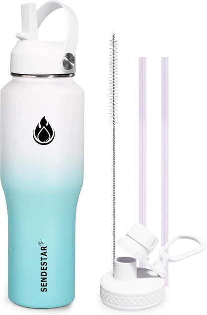 SENDESTAR 32oz Water Bottle Wide Mouth Stainless Steel Vacuum Insulated Double Wall with 2 Straw Lids Fit in Any Car Cup Holder TXIN-32-WT-1