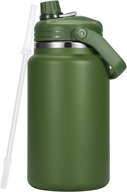 1 Gallon Thermosflask with Straw, 135oz Stainless Steel Insulated Water Bottle，4L Oversized Double Wall Vacuum Jug with Handle for Hot Cold Drinks, Wide mouth Icebuckets for Hiking Sports(Green)