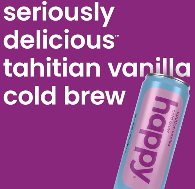 happy coffee tahitian vanilla cold brew, 11 oz. cans, 12 pack, notes of marshmallow & magic, 100% arabica beans, no artificial flavors or artificial sweeteners