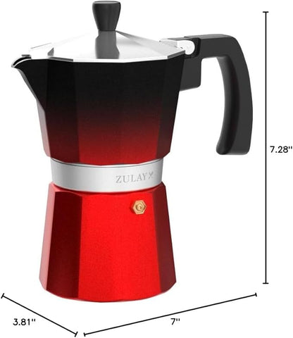 Zulay Kitchen Stovetop Espresso Maker - Moka Pot 5.5 Espresso Cups - Percolator Coffee Maker for Classic Cuban & Italian Style Espresso - Portable Coffee Maker for Camping & Travel - (Black/Red)