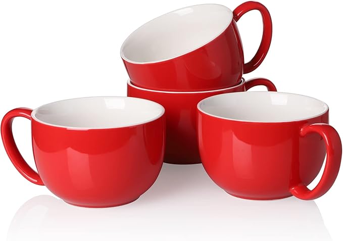 Teocera 16oz Large Coffee Mugs Set of 4 - Thick White Porcelain Cups for Cappuccino, Latte, Tea & Hot Chocolate - Dishwasher Safe Ceramic with Comfort Grip Handles (Red)