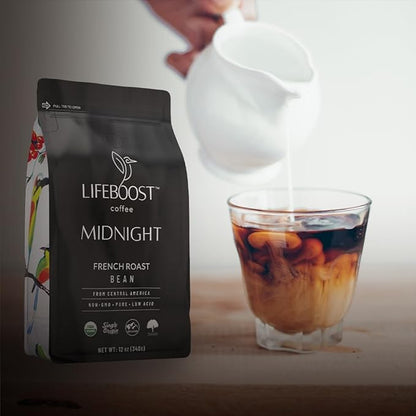 Lifeboost Midnight French Roast Coffee Beans - Single Origin Non-GMO USDA Organic Low Acid French Roast Coffee - Third Party Tested For Mycotoxins & Pesticides - 12 Ounces