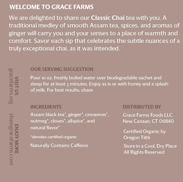 Grace Farms Organic Classic Chai Black Tea, 16 Pyramid Sachets | Ginger & Spices | Fairtrade & Kosher |Gives Back 100% of Profits