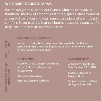 Grace Farms Organic Classic Chai Black Tea, 16 Pyramid Sachets | Ginger & Spices | Fairtrade & Kosher |Gives Back 100% of Profits