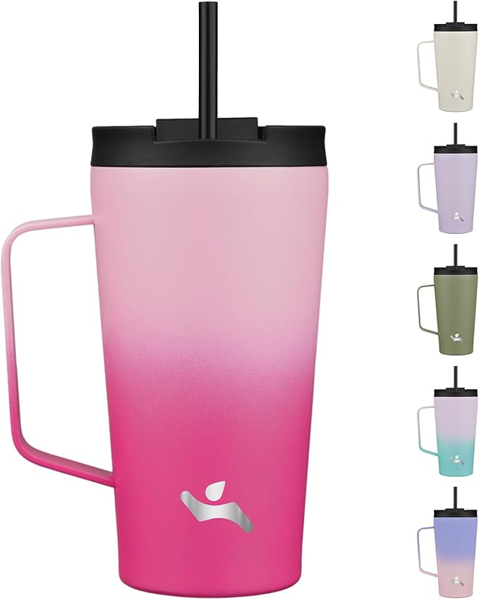 Insulated Tumbler with Handle and Straw, 18 OZ Travel Coffee Mug Stainless Steel Cup Metal Water Bottle,Cherry