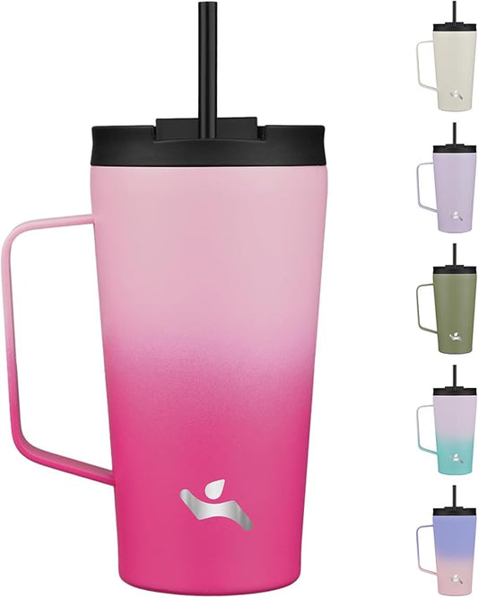 Insulated Tumbler with Handle and Straw, 18 OZ Travel Coffee Mug Stainless Steel Cup Metal Water Bottle,Cherry