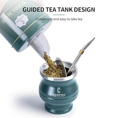 Yerba Mate, CUOPRU Traditional Argentinian Mate Tea, Low Tea Powder, Original Leaves without Stems, Included Portable Storage Container(Green Traditional)