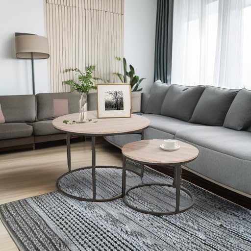 Industrial Round Coffee Table Set of 2 End Table for Living Room,Stacking Side Tables, Sturdy and Easy Assembly,Wood Look Accent Furniture with Metal Frame,Black+Teak Oak