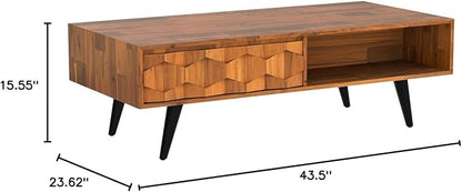 Bme Georgina Solid Wood Coffee Tables for Living Room, Coffee Table Mid Century Modern with 2 Symmetrical Storage Drawers & Geometric Details, Fully Assembled Center Table, Teak Brown