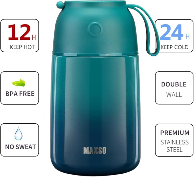 MAXSO 2 Pack Soup Thermo for Hot Food, Vacuum Insulated Food Jar Thermal Lunch Containers for Adults, Travel Food Flask (24 oz,17 oz) (Gradual Blue-green)