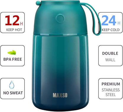 MAXSO 2 Pack Soup Thermo for Hot Food, Vacuum Insulated Food Jar Thermal Lunch Containers for Adults, Travel Food Flask (24 oz,17 oz) (Gradual Blue-green)