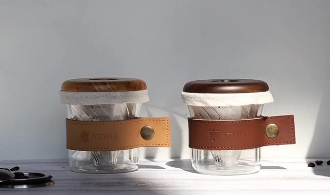 THIA Glass Pour Over Coffee Dripper Set, Glass Cone Dripper, Reusable Cloth Filter, Leather Cup Sleeve, Minimal Single Cup on the Go (Walnut Wood)